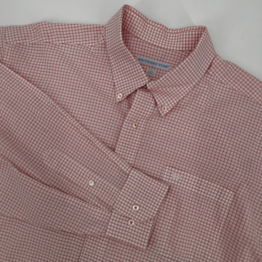Southern Tide Mens XL Classic Fit Red White Micro Check Button Down Shirt Preppy